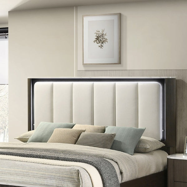 English Elm Dark Walnut Eastern King Bed Leatherette Channel Tufted Headboard with LED Lighting B2741S01052