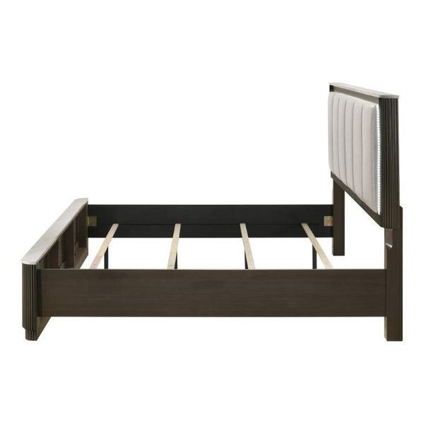 English Elm Dark Walnut Eastern King Bed Leatherette Channel Tufted Headboard with LED Lighting B2741S01052