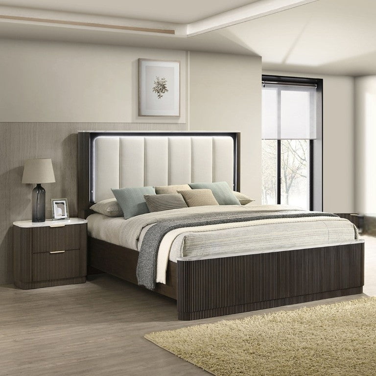 English Elm 3Pc Queen Bedroom Set Leatherette Tufted Headboard with LED Lighting Dark Walnut B2741S01054
