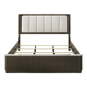 English Elm 3Pc Queen Bedroom Set Leatherette Tufted Headboard with LED Lighting Dark Walnut B2741S01054