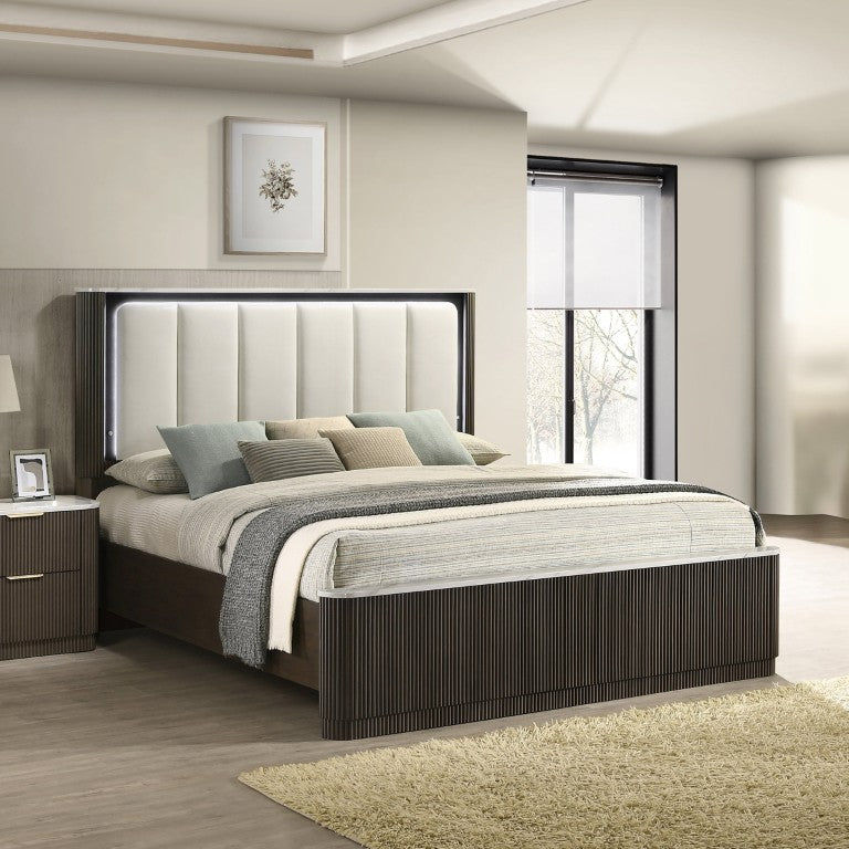 English Elm 3Pc Queen Bedroom Set Leatherette Tufted Headboard with LED Lighting Dark Walnut B2741S01054