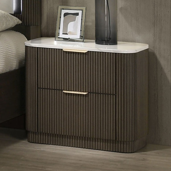English Elm 3Pc Queen Bedroom Set Leatherette Tufted Headboard with LED Lighting Dark Walnut B2741S01054