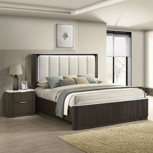 English Elm 3Pc King Bedroom Set Leatherette Headboard with LED Lighting and Walnut Nightstands Dark Walnut / Off White B2741S01055