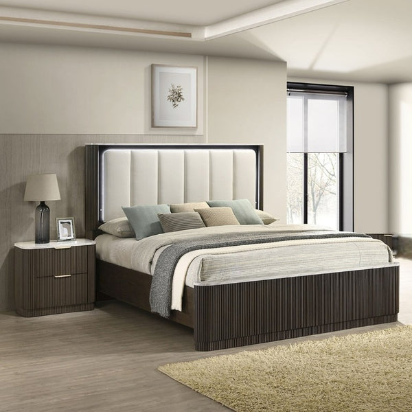 English Elm 3Pc King Bedroom Set Leatherette Headboard with LED Lighting and Walnut Nightstands Dark Walnut / Off White B2741S01055