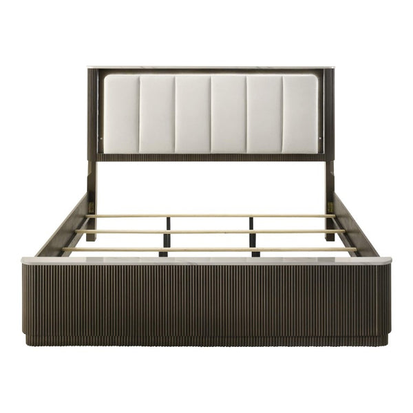 English Elm 3Pc King Bedroom Set Leatherette Headboard with LED Lighting and Walnut Nightstands Dark Walnut / Off White B2741S01055