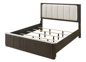 English Elm 3Pc King Bedroom Set Leatherette Headboard with LED Lighting and Walnut Nightstands Dark Walnut / Off White B2741S01055