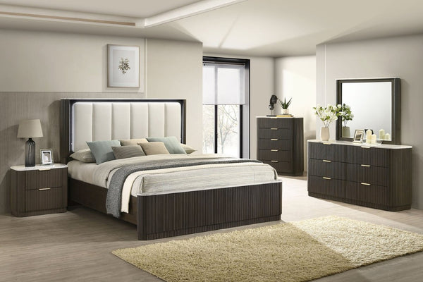 English Elm 3Pc King Bedroom Set Leatherette Headboard with LED Lighting and Walnut Nightstands Dark Walnut / Off White B2741S01055