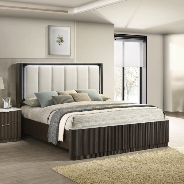 English Elm 3Pc King Bedroom Set Leatherette Headboard with LED Lighting and Walnut Nightstands Dark Walnut / Off White B2741S01055