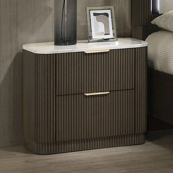 English Elm 3Pc King Bedroom Set Leatherette Headboard with LED Lighting and Walnut Nightstands Dark Walnut / Off White B2741S01055
