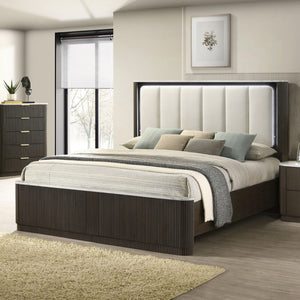 English Elm 3Pc King Bedroom Set Leatherette Headboard with LED Lighting and Walnut Nightstands Dark Walnut / Off White B2741S01055