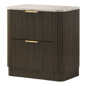 English Elm 3Pc King Bedroom Set Leatherette Headboard with LED Lighting and Walnut Nightstands Dark Walnut / Off White B2741S01055