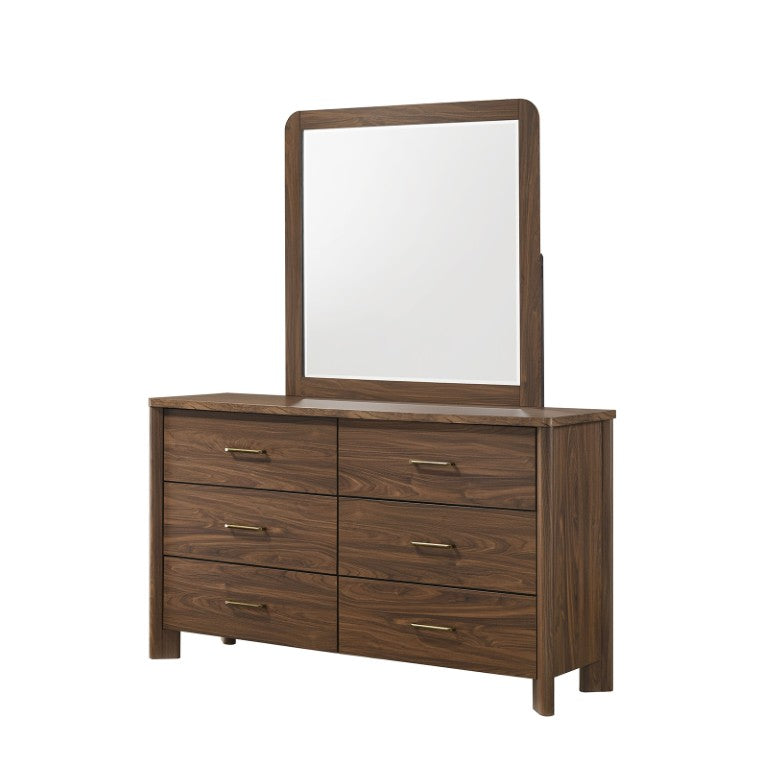 English Elm Walnut Six Drawer Dresser with Mirror Solid Wood Mid-Century Bedroom Storage B2741S01056