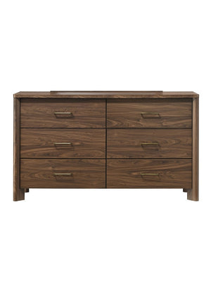 English Elm Walnut Six Drawer Dresser with Mirror Solid Wood Mid-Century Bedroom Storage B2741S01056