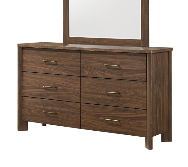 English Elm Walnut Six Drawer Dresser with Mirror Solid Wood Mid-Century Bedroom Storage B2741S01056