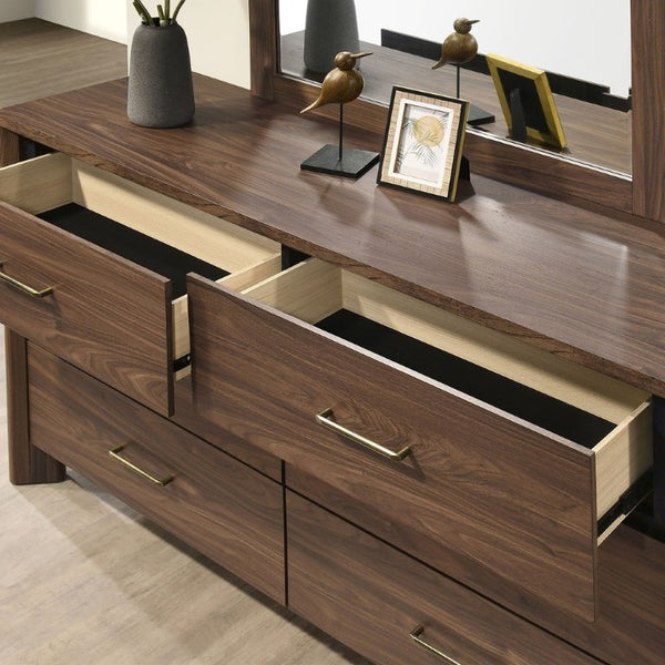 English Elm Walnut Six Drawer Dresser with Mirror Solid Wood Mid-Century Bedroom Storage B2741S01056