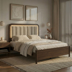 English Elm Queen Platform Bed Walnut Wood Frame Channel Tufted Headboard with Built in LED Lighting B2741S01057