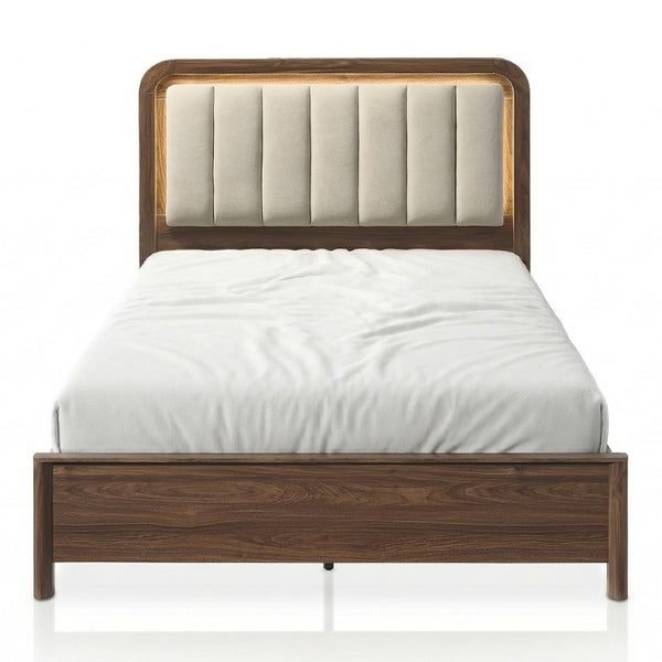 English Elm Queen Platform Bed Walnut Wood Frame Channel Tufted Headboard with Built in LED Lighting B2741S01057