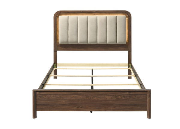 English Elm Queen Platform Bed Walnut Wood Frame Channel Tufted Headboard with Built in LED Lighting B2741S01057