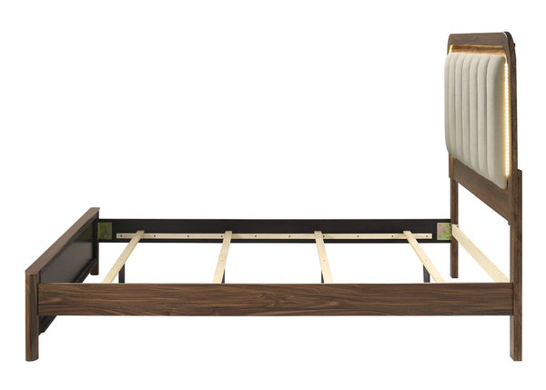 English Elm Queen Platform Bed Walnut Wood Frame Channel Tufted Headboard with Built in LED Lighting B2741S01057