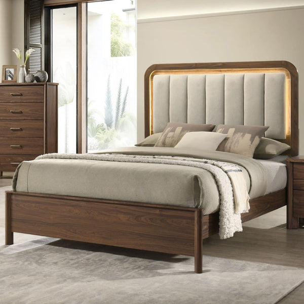 English Elm King Channel Tufted Platform Bed with LED Headboard Walnut Finish Polyester Frame B2741S01058