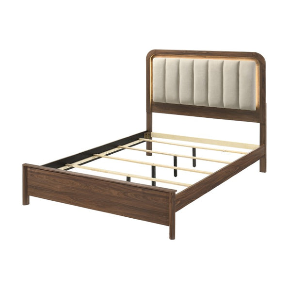 English Elm King Channel Tufted Platform Bed with LED Headboard Walnut Finish Polyester Frame B2741S01058