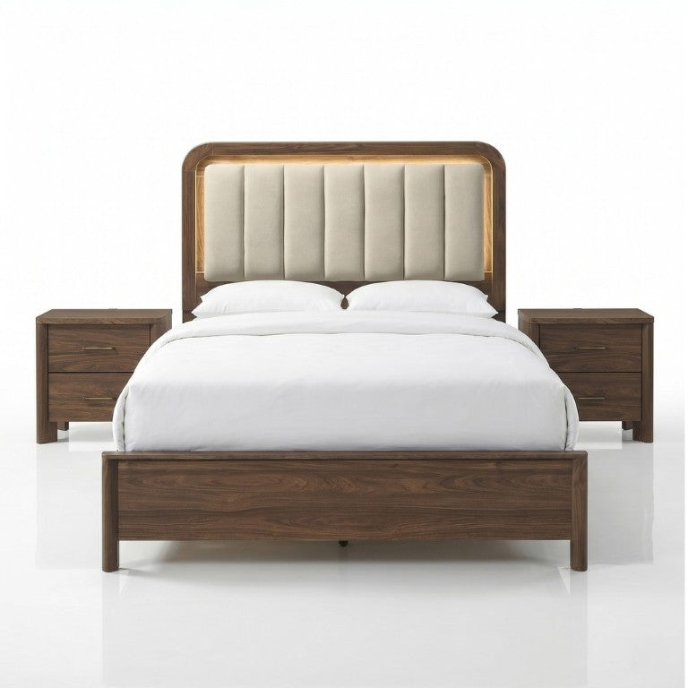 English Elm Walnut Finish Queen Panel Bed Set with LED Headboard and Matching Nightstands B2741S01059