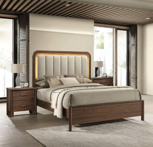 English Elm Walnut 3 Piece Bedroom Set with LED Headboard Nightstands and USB Charging Ports Eastern King B2741S01060