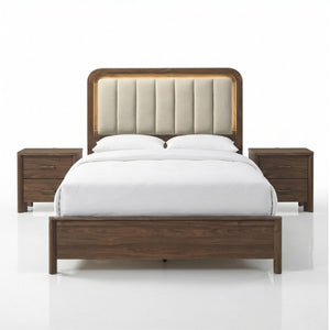 English Elm Walnut 3 Piece Bedroom Set with LED Headboard Nightstands and USB Charging Ports Eastern King B2741S01060