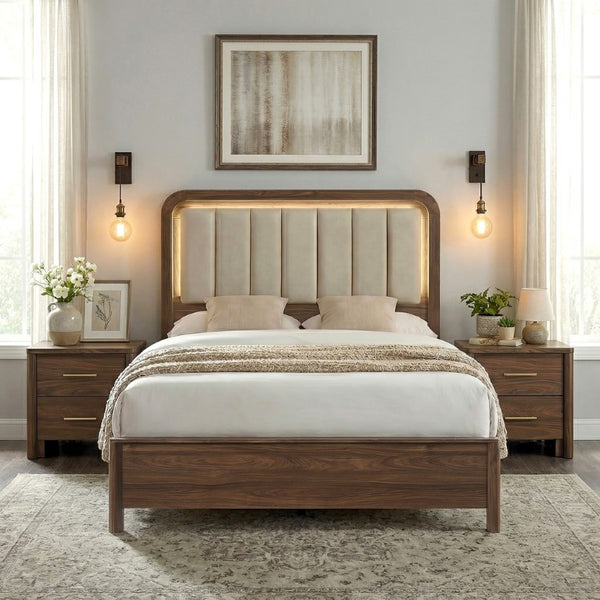 English Elm Walnut 3 Piece Bedroom Set with LED Headboard Nightstands and USB Charging Ports Eastern King B2741S01060