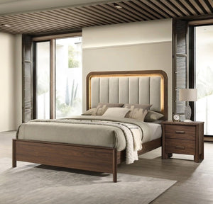 English Elm Walnut 3 Piece Bedroom Set with LED Headboard Nightstands and USB Charging Ports Eastern King B2741S01060