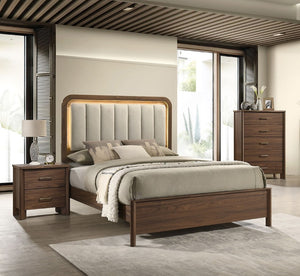 English Elm Walnut 3 Piece Bedroom Set with LED Headboard Nightstands and USB Charging Ports Queen B2741S01061