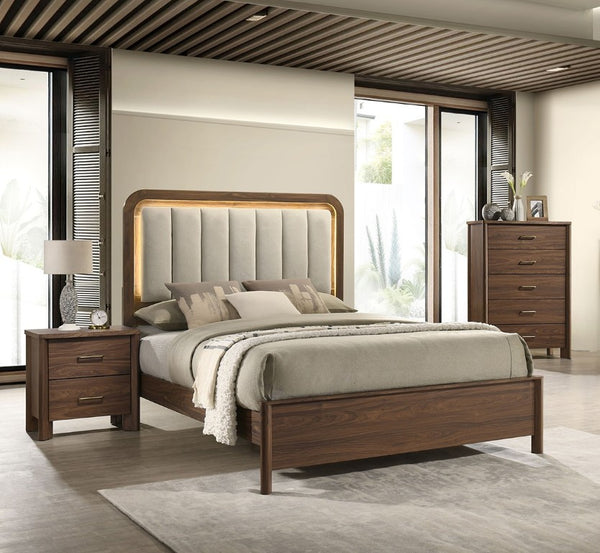 English Elm Walnut 3 Piece Bedroom Set with LED Headboard Nightstands and USB Charging Ports Queen B2741S01061