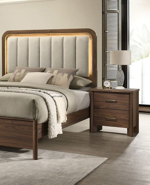 English Elm Walnut 3 Piece Bedroom Set with LED Headboard Nightstands and USB Charging Ports Queen B2741S01061