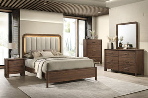English Elm Walnut 3 Piece Bedroom Set with LED Headboard Nightstands and USB Charging Ports Queen B2741S01061
