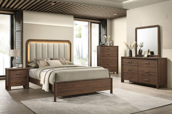 English Elm Walnut 3 Piece Bedroom Set with LED Headboard Nightstands and USB Charging Ports Queen B2741S01061