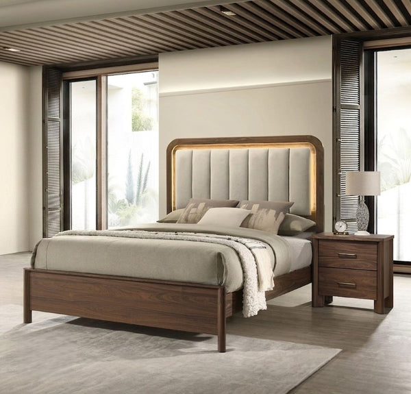 English Elm Walnut 3 Piece Bedroom Set with LED Headboard Nightstands and USB Charging Ports Queen B2741S01061