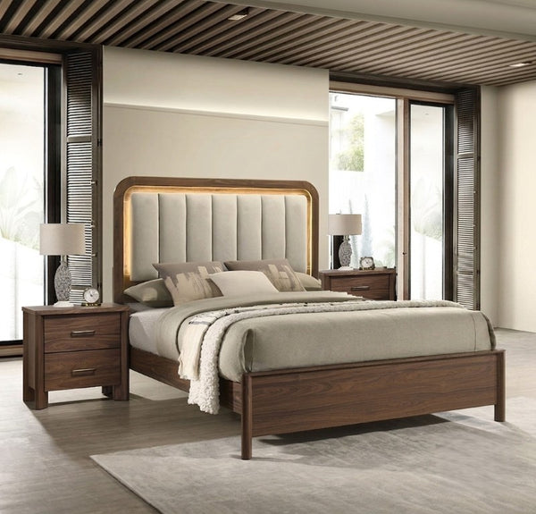 English Elm Walnut 3 Piece Bedroom Set with LED Headboard Nightstands and USB Charging Ports Queen B2741S01061