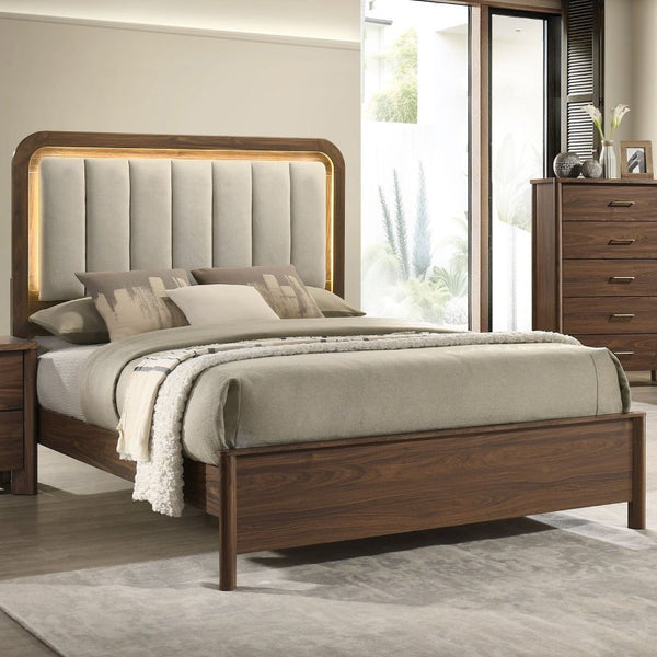 English Elm Walnut 3 Piece Bedroom Set with LED Headboard Nightstands and USB Charging Ports Queen B2741S01061