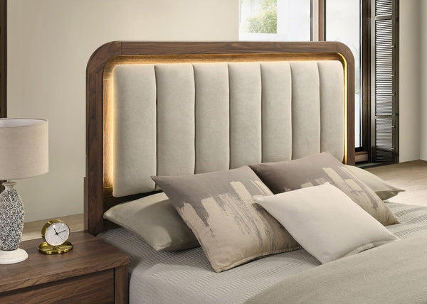 English Elm Walnut 3 Piece Bedroom Set with LED Headboard Nightstands and USB Charging Ports Queen B2741S01061