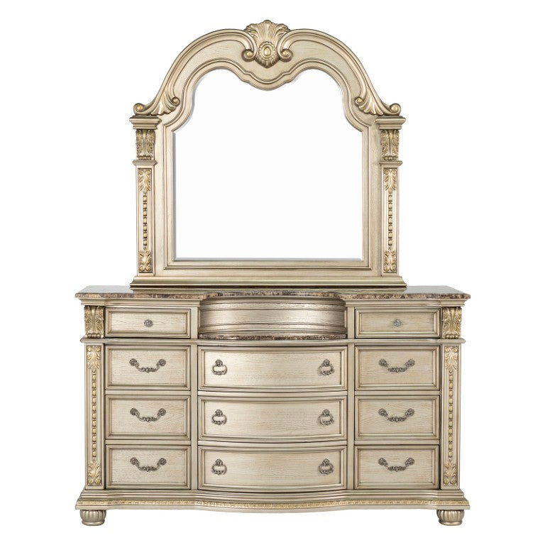 English Elm Genuine Marble Top Dresser with Mirror Baroque Carved Pinewood Gold Champagne Finish B2741S01063