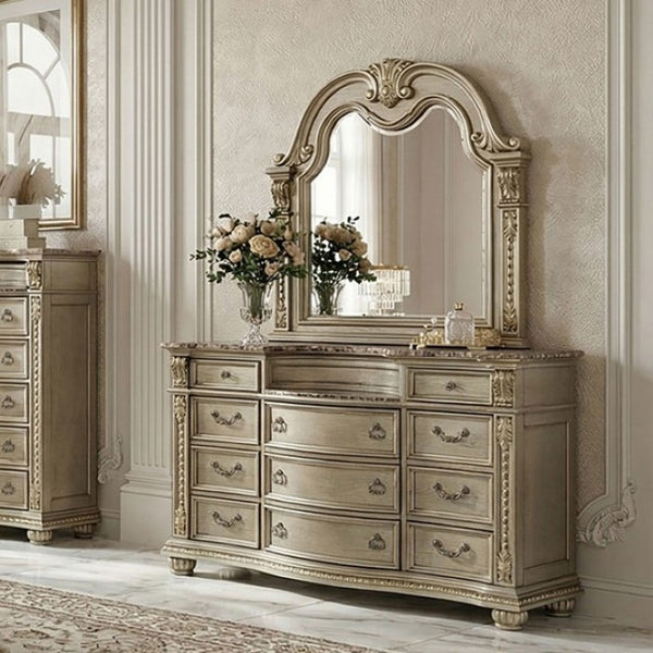 English Elm Genuine Marble Top Dresser with Mirror Baroque Carved Pinewood Gold Champagne Finish B2741S01063