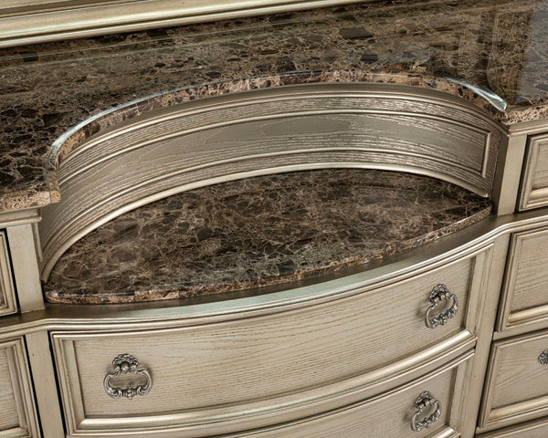 English Elm Genuine Marble Top Dresser with Mirror Baroque Carved Pinewood Gold Champagne Finish B2741S01063
