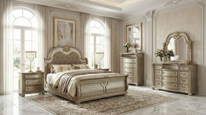 English Elm Luxurious Baroque Queen Sleigh Bed Tufted Gold Champagne Upholstered Carved Frame B2741S01064