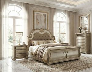 English Elm Traditional Baroque Queen Bedroom Set Sleigh Bed Marble Nightstands Tufted Headboard B2741S01066