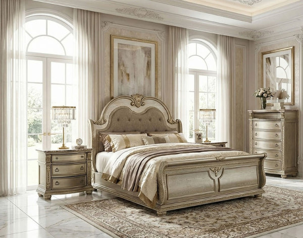 English Elm Traditional Baroque Queen Bedroom Set Sleigh Bed Marble Nightstands Tufted Headboard B2741S01066