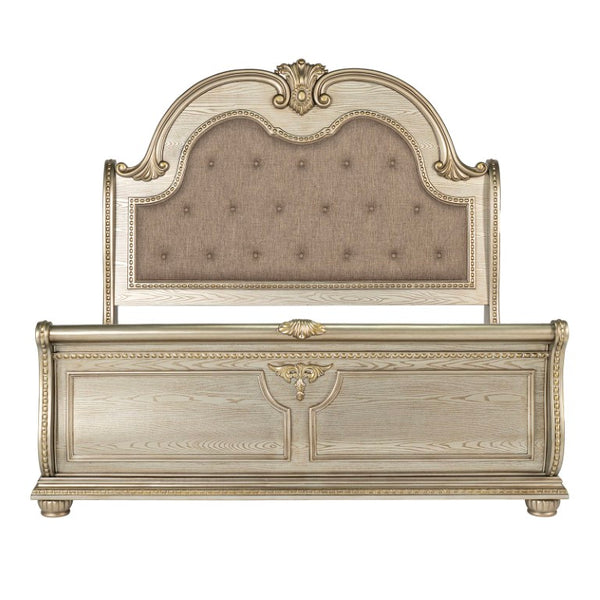 English Elm Traditional Baroque Queen Bedroom Set Sleigh Bed Marble Nightstands Tufted Headboard B2741S01066