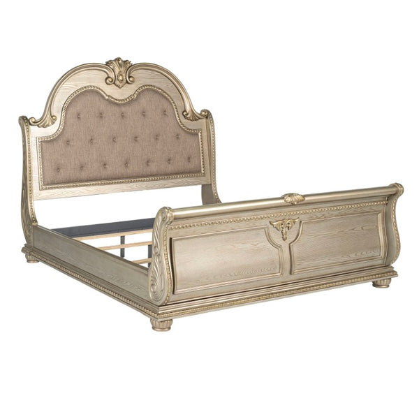 English Elm Traditional Baroque Queen Bedroom Set Sleigh Bed Marble Nightstands Tufted Headboard B2741S01066