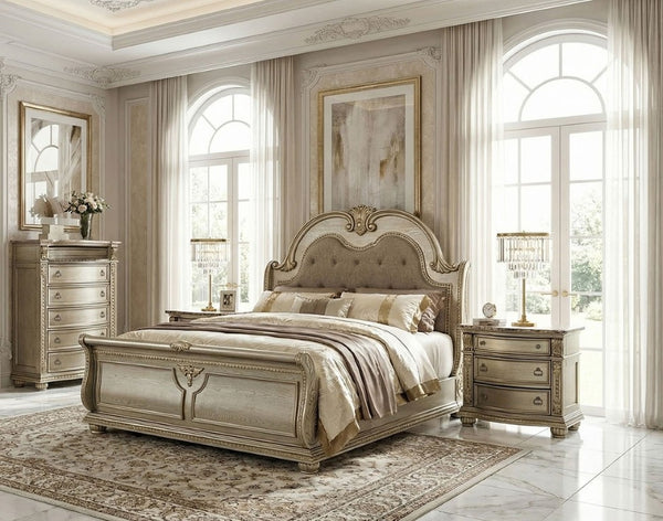 English Elm Traditional Baroque Sleigh Bed Set with Tufted Headboard Marble Tops Gold Finish B2741S01067