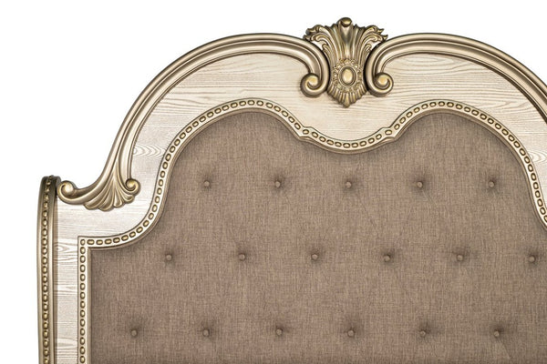 English Elm Traditional Baroque Sleigh Bed Set with Tufted Headboard Marble Tops Gold Finish B2741S01067