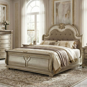 English Elm Traditional Baroque Sleigh Bed Set with Tufted Headboard Marble Tops Gold Finish B2741S01067